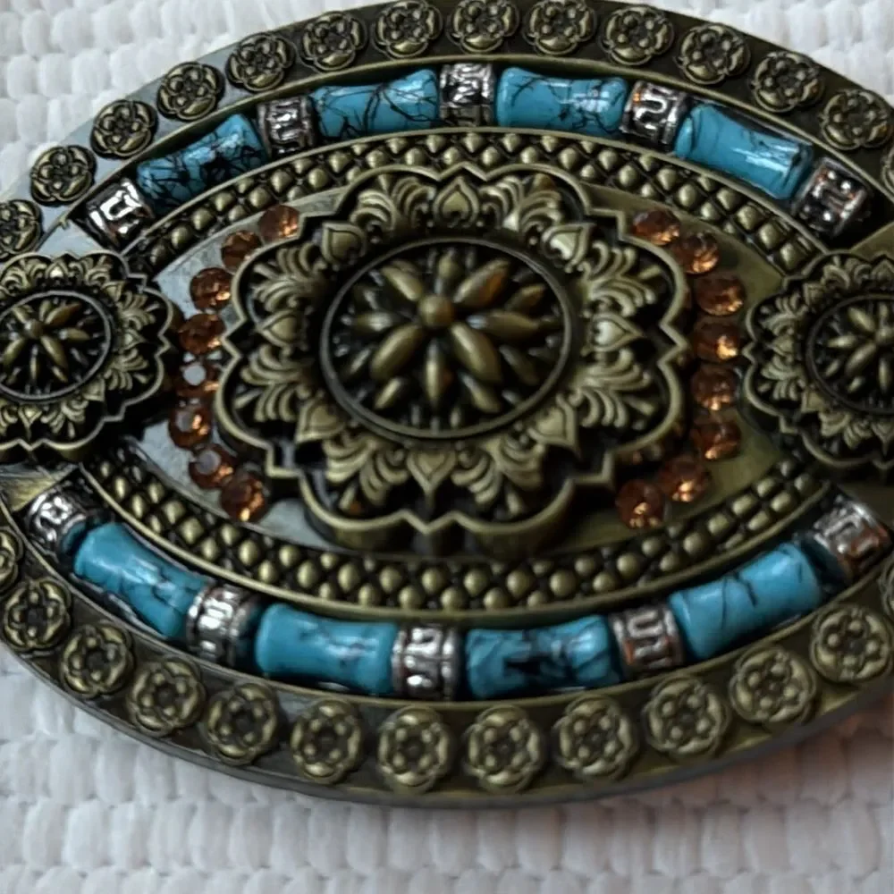 Western Cowboy Style Metal Buckle – Ornate Design with Turquoise Accents
